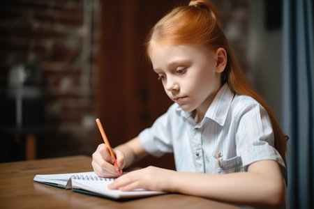learning, holding notebook and portrait of girl or boy student writing in book in classroomの素材
