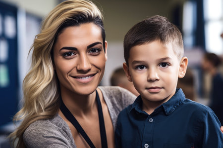 shot of a young boy at school with his teacherの素材