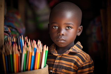 a little african boy standing by his box of pencils and pensの素材