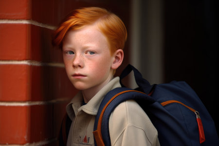portrait of a boy carrying his school bag over one shoulderの素材