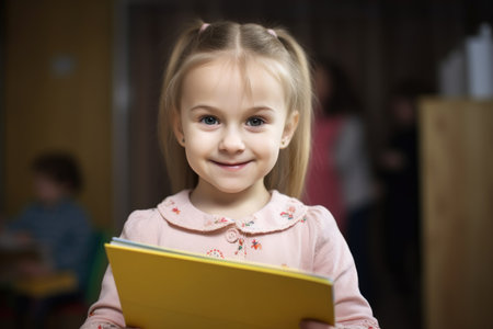 portrait of a little girl smiling while holding a teacher bookの素材