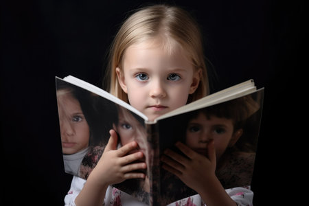 portrait of a little girl holding an open textbook in front of her faceの素材
