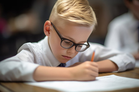 shot of a young boy filling in an education quiz at schoolの素材