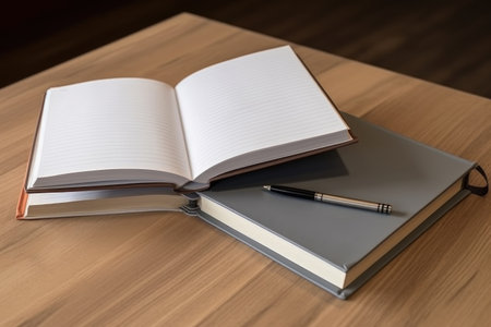 high angle shot of a set of books sitting on top of an open notebookの素材