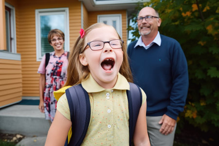 portrait of a little girl looking excited as her parents prepare to send her off to schoolの素材