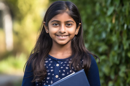 an attractive young girl smiling at the camera while holding a notebookの素材