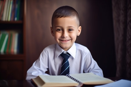 happy, student and portrait of a child with book ready for learning in classroom at schoolの素材