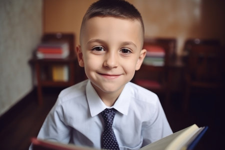 happy, student and portrait of a child with book ready for learning in classroom at schoolの素材