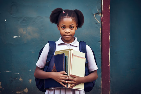 shot of a young girl holding two books and her school bagの素材