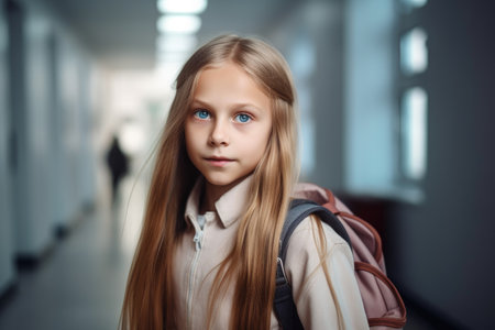 shot of a young girl standing with her backpack at schoolの素材