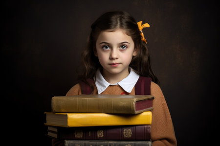 portrait of a young girl holding school booksの素材