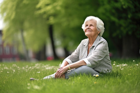 portrait of a senior woman sitting on the grassの素材