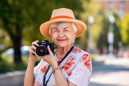portrait of a happy senior woman taking photos with her camera outdoorsの素材