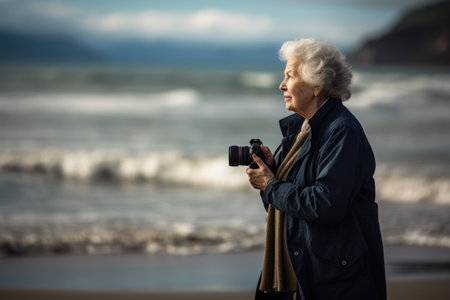 a photo of a senior woman standing by the ocean with her cameraの素材