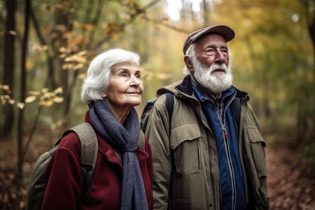 portrait of an older couple on a walk in the forestの素材