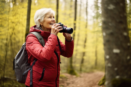 shot of a senior woman taking pictures with her camera on a walk through the woodsの素材