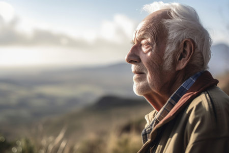 shot of a senior man taking in the view on his walkの素材