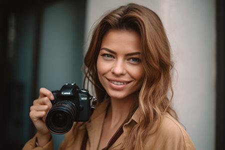 a gorgeous young woman holding a camera and smiling at the cameraの素材