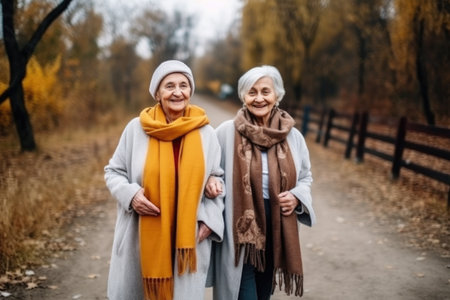 two happy senior women walking together and enjoying nature in the parkの素材