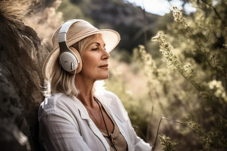 shot of a mature woman listening to music while relaxing in natureの素材