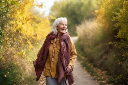 portrait of a senior woman having fun on a nature walkの素材