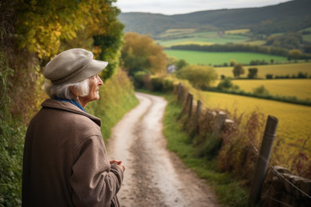 shot of an elderly woman looking at a path in the countrysideの素材