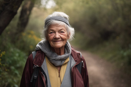 portrait of a senior woman standing on a trail in natureの素材