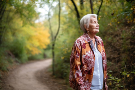 portrait of a senior woman standing on a trail in natureの素材
