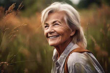 shot of an elderly woman smiling while enjoying a walk through natureの素材