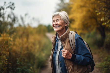 shot of an elderly woman smiling while enjoying a walk through natureの素材