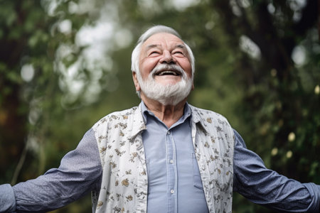 smiling senior man standing outside with his arms in a flying positionの素材