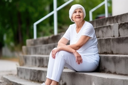 senior woman, exercise and sitting on stairs for health wellness in retirement outdoorの素材