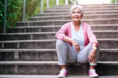 senior woman, exercise and sitting on stairs for health wellness in retirement outdoorの素材