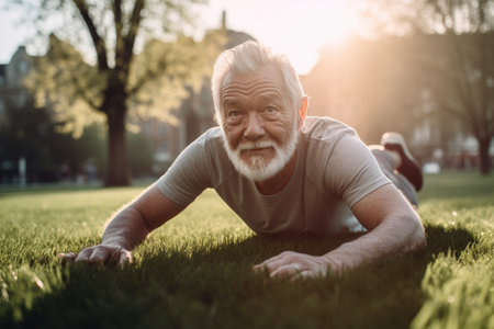 shot of a senior man relaxing on the grass during his morning workoutの素材