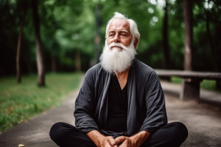 meditation, senior man and peace with mockup in a park for wellness or exercise goalsの素材