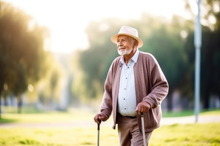 elder, exercise and man with cane for health, wellness or sport in parkの素材