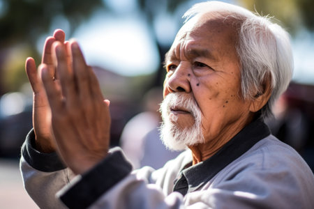 closeup of a senior man practicing tai chi in publicの素材