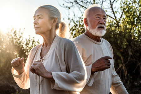 health, fitness and exercise senior couple practicing tai chi outdoors in the morning sunshineの素材