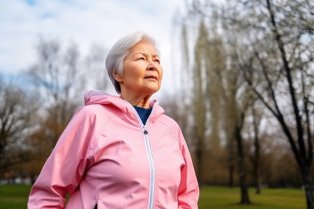 exercise, training and senior woman in park for cardio health, wellness and sport goalsの素材