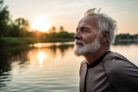 man, senior and exercise by lake for peace, mind or wellnessの素材