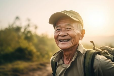 senior man, outdoor sun and smile for exercise in nature for wellness healthの素材