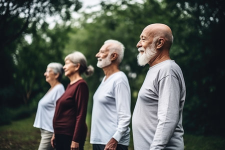 senior people, friends and man doing tai chi in park for health and wellnessの素材