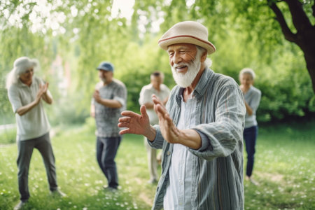 senior people, friends and man doing tai chi in park for health and wellnessの素材