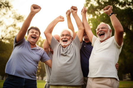 excited, senior and man with friends at a park for fitness and exercise outdoorsの素材