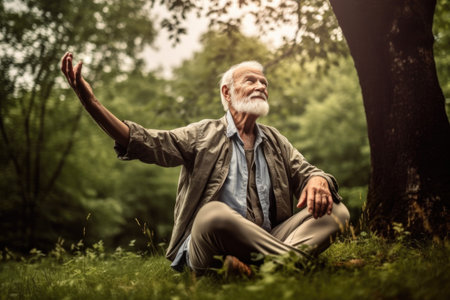 yoga, nature and senior man stretching in park for healthy living, peace of mind or exerciseの素材