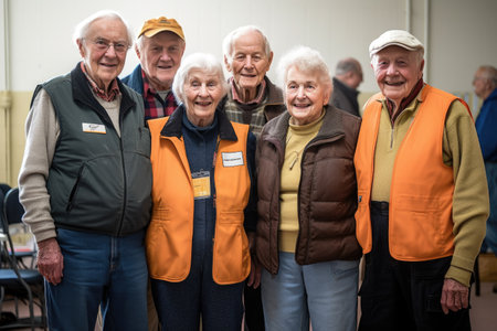 a group of senior volunteers smiling at the camera while standing togetherの素材