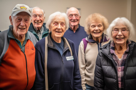 a group of senior volunteers smiling at the camera while standing togetherの素材