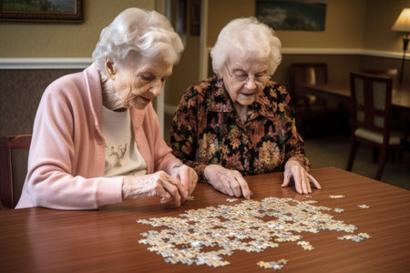 senior woman helping her friend with a puzzle in retirement communityの素材