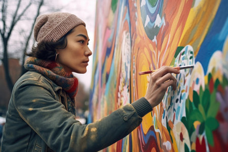 shot of an artist painting on a mural outdoorsの素材