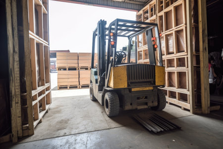 shot of a forklift loading crates into a vanの素材